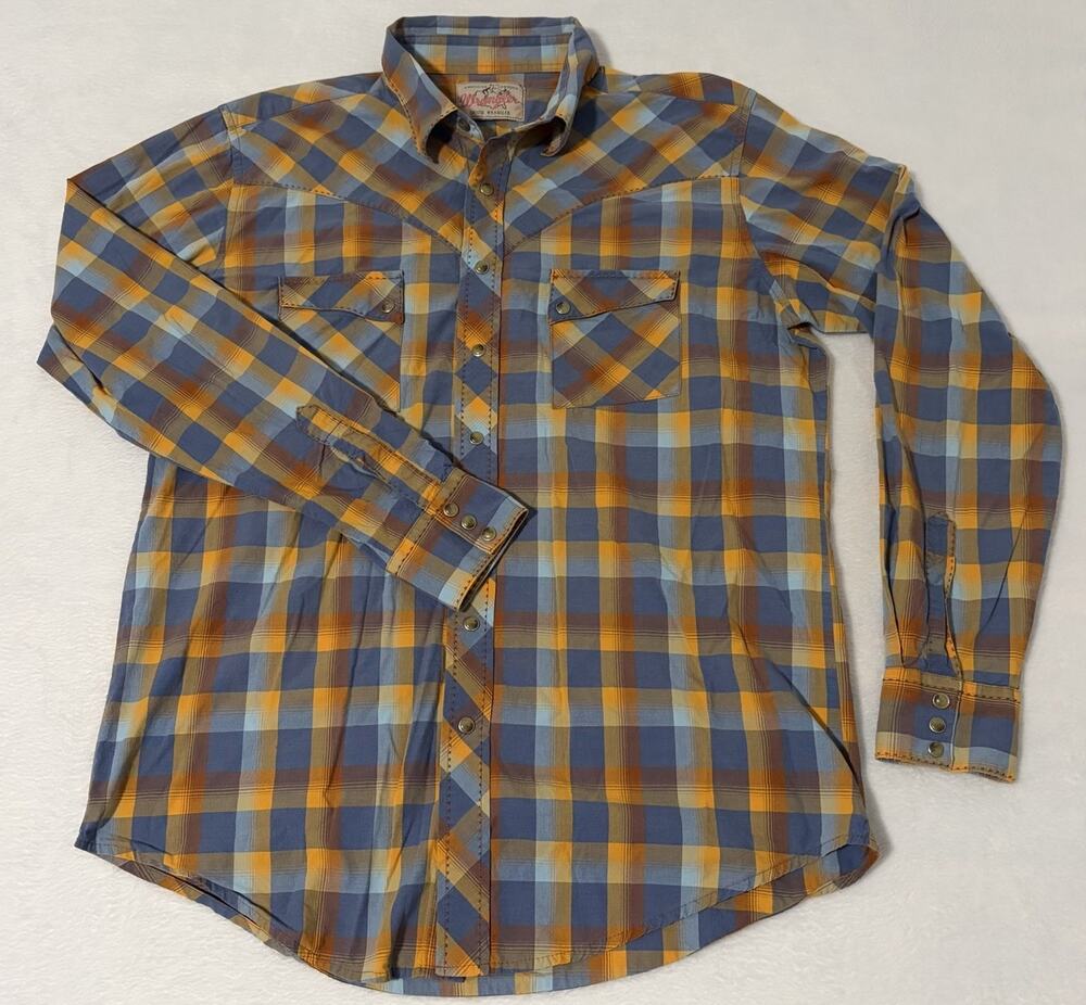 Vintage Wrangler Pearl Snap Men’s L 42 Gold/Blue/Orange/Tan